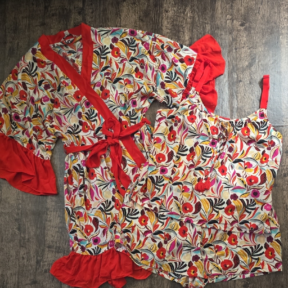 THE PIONEER WOMAN Red Floral Kimono Pajama Set Shorts Tank Sz XL